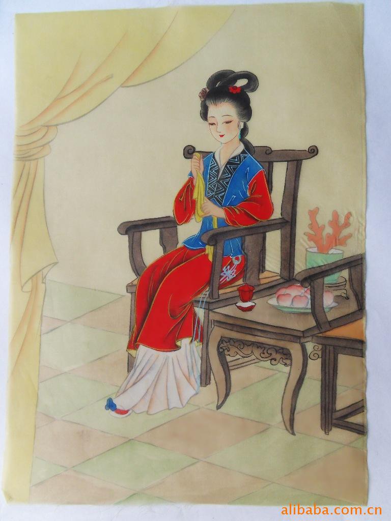 国画人物画 工笔人物浴子图 绢画仕女 装饰画