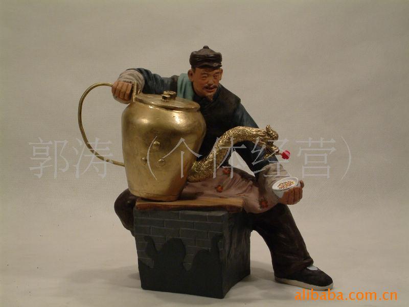 天津泥人张彩塑高档工艺品礼品龙嘴大铜壶