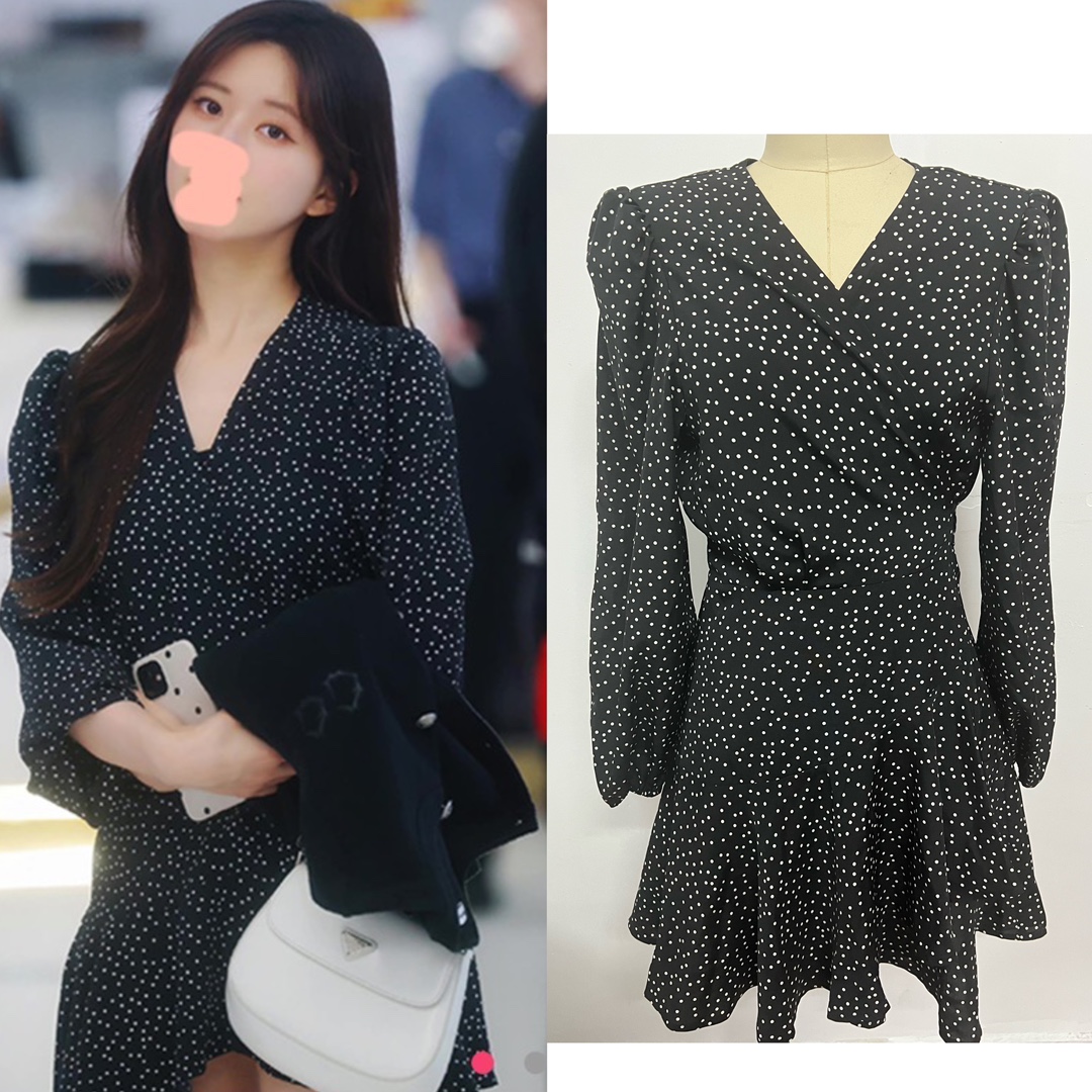 偷偷藏不住赵露思桑稚同款黑色v领波点连衣裙气质荷叶边系带裙子