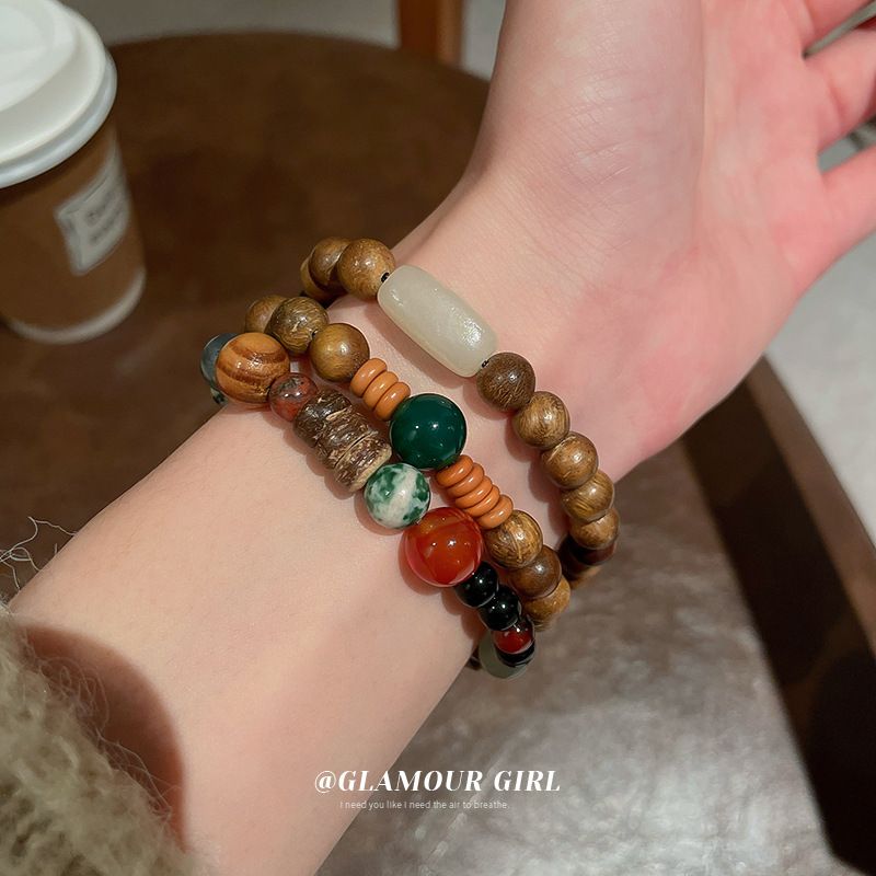 Natural Gas Agate Tiger-Shaped Stone Wooden Beaded Bracelet Vintage Mori Style Bracelet Couple Girlfriends Guajacwood Temperament Bracelet