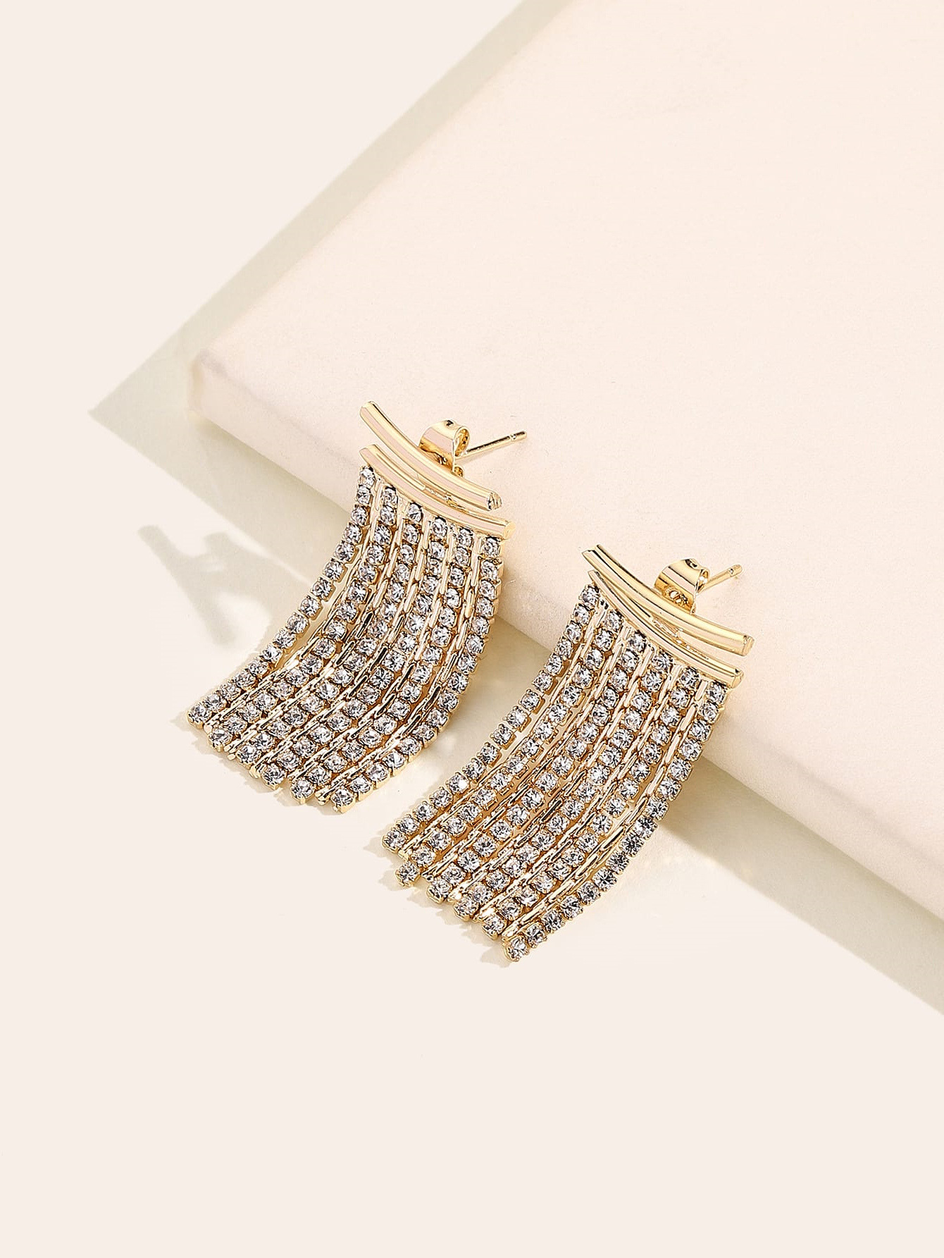 银针镶钻方形长款流苏耳环 轻奢欧美高级感耳坠 时尚气质耳饰