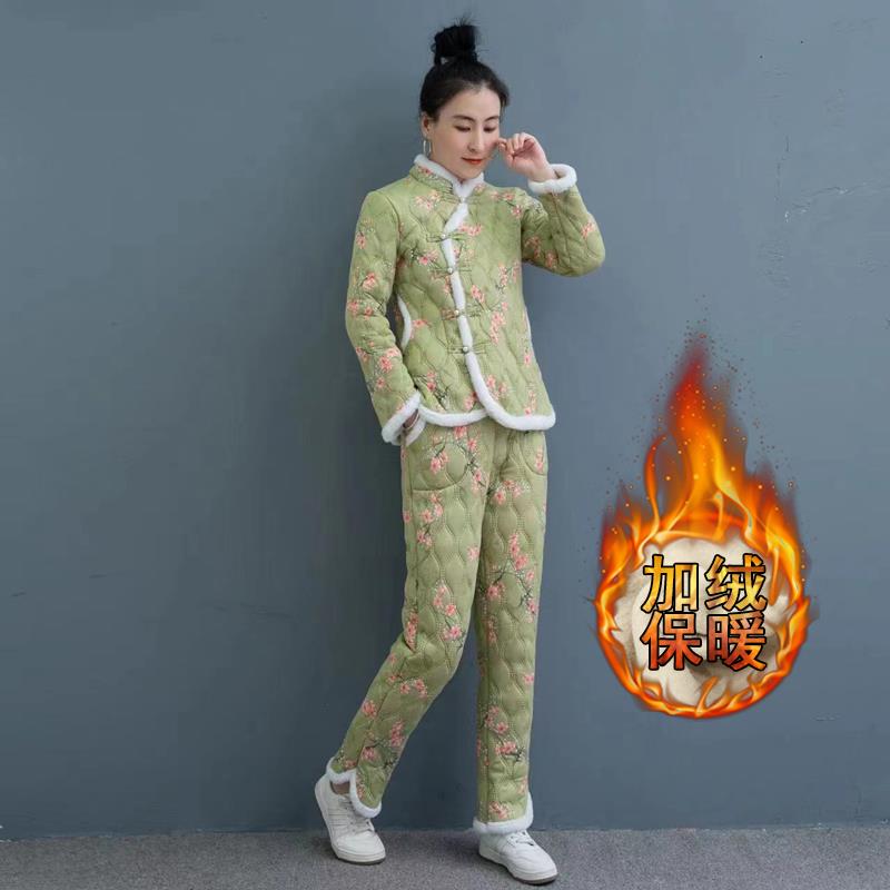 Northeast Big Flower 2023 New Women's Fleece-Lined Cotton-Padded Jacket Cotton-Padded Pants Two-Piece Suit Tang Suit Ethnic Style Mother Flower Cotton-Padded Coat