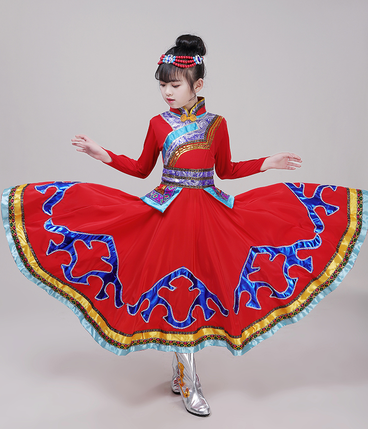 内蒙古女童蒙古袍儿童演出服民族服少儿大摆裙蒙族服舞台装-阿里巴巴