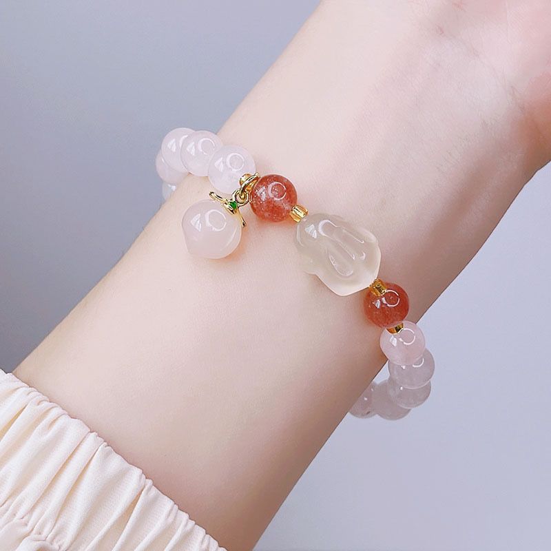 New Pink Crystal Bracelet Female Cute Chalcedony Lying Bunny Natural Yanyuan Agate Peach Strawberry Quartz Beaded Bracelet Hand