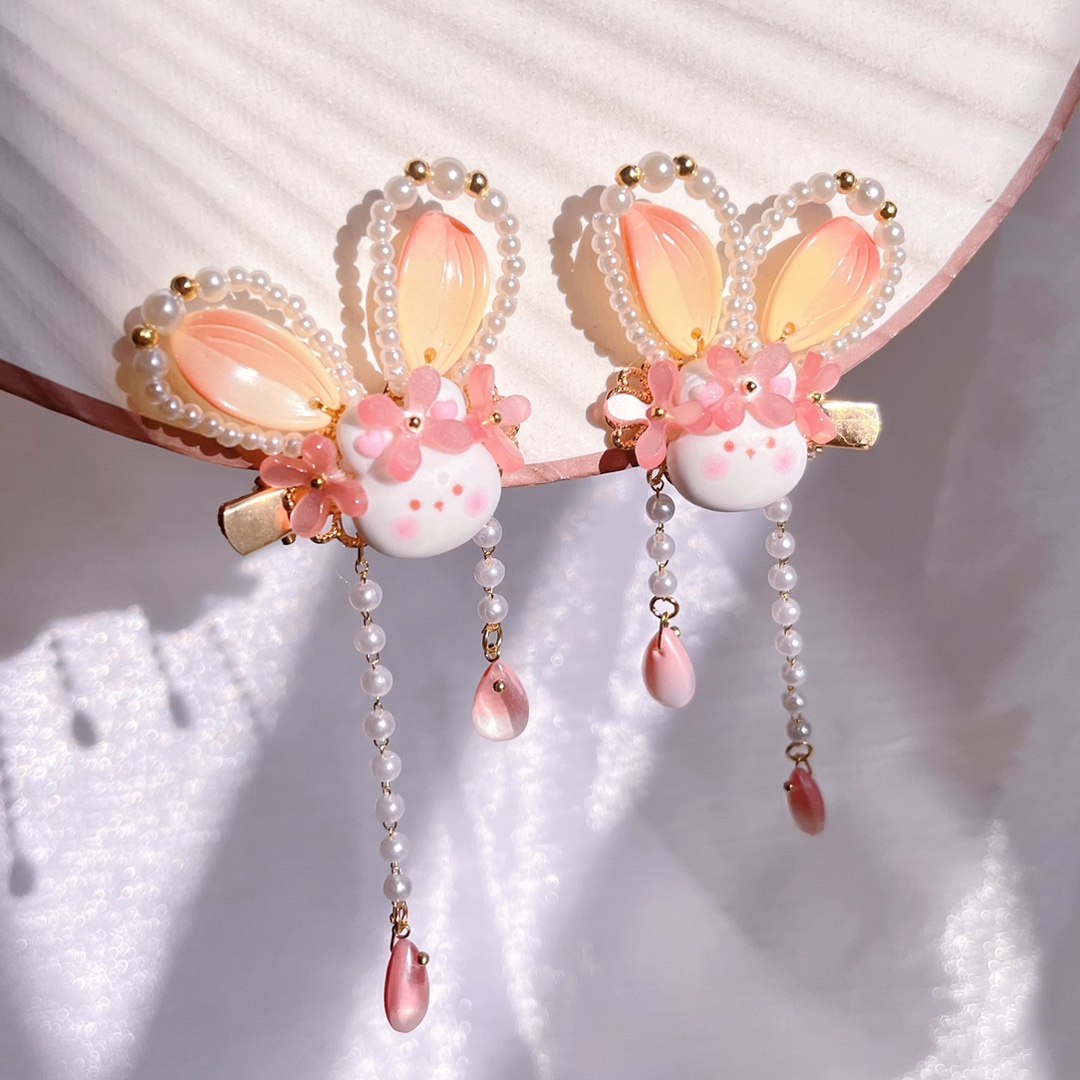 新款手工汉服头饰女孩珍珠吊坠可爱兔子发饰女童发夹流苏古风配饰