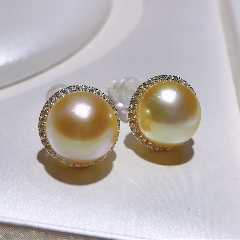 天然极品原色南洋海水金珍珠耳钉女皇色10-11mm厚扁圆无暇925纯银