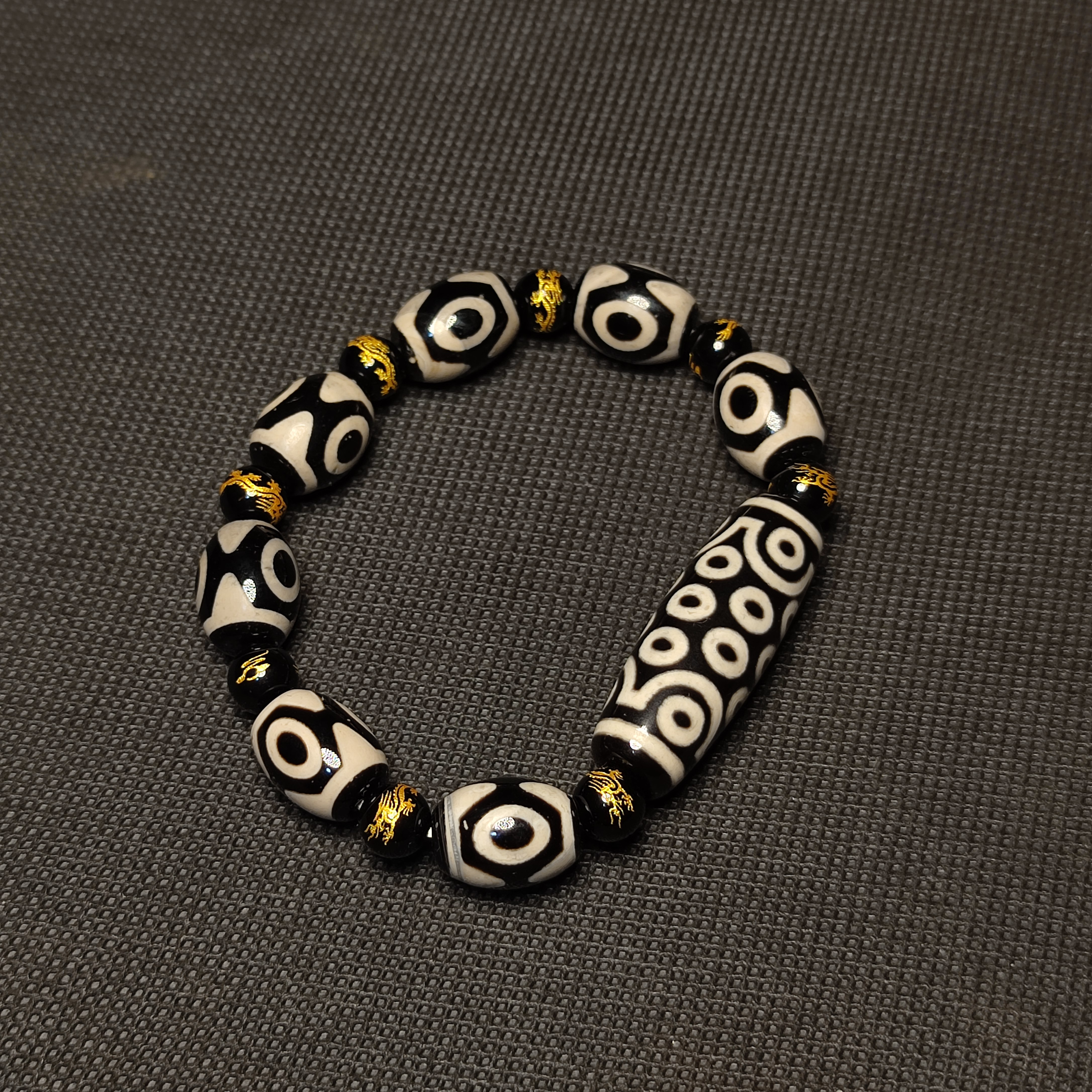 日韩专供稀有21眼3眼图腾玛瑙天珠烫金龙图腾黑玛瑙圆珠串珠手链