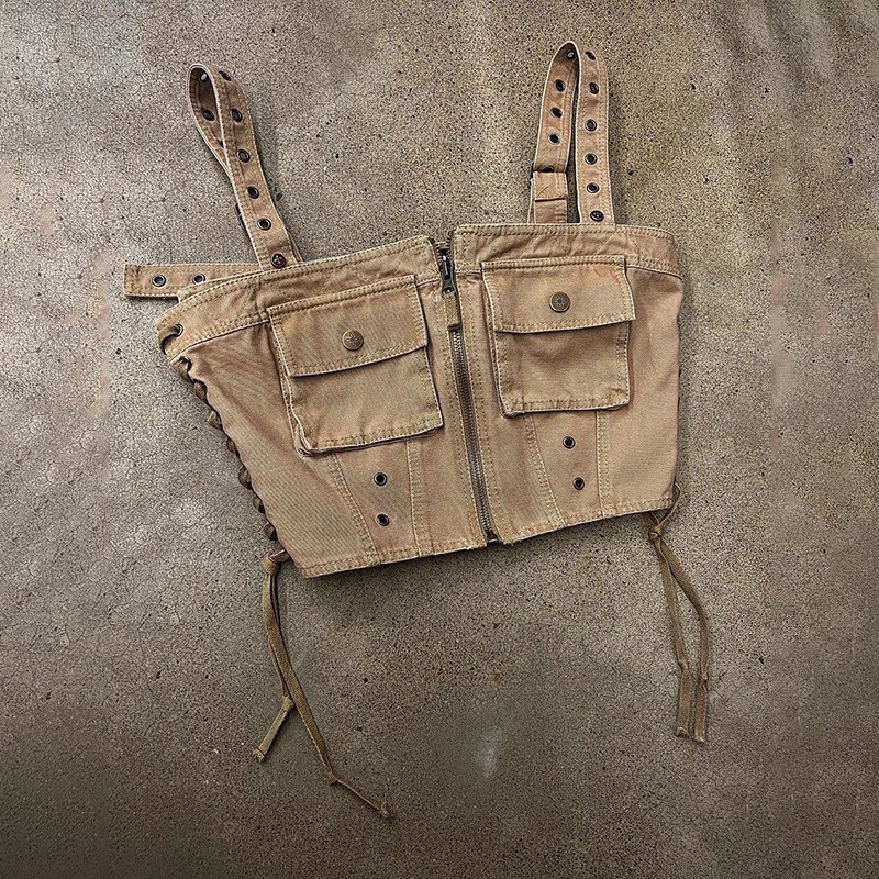 smfk沙漠迷彩战术背心工装女外穿吊带辣妹短款外穿设计感小众上衣