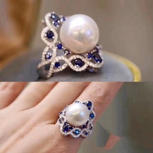 厂家直销DIY珍珠配件蓝宝石纯银精工镀18k真金珍珠戒指半成品空拖