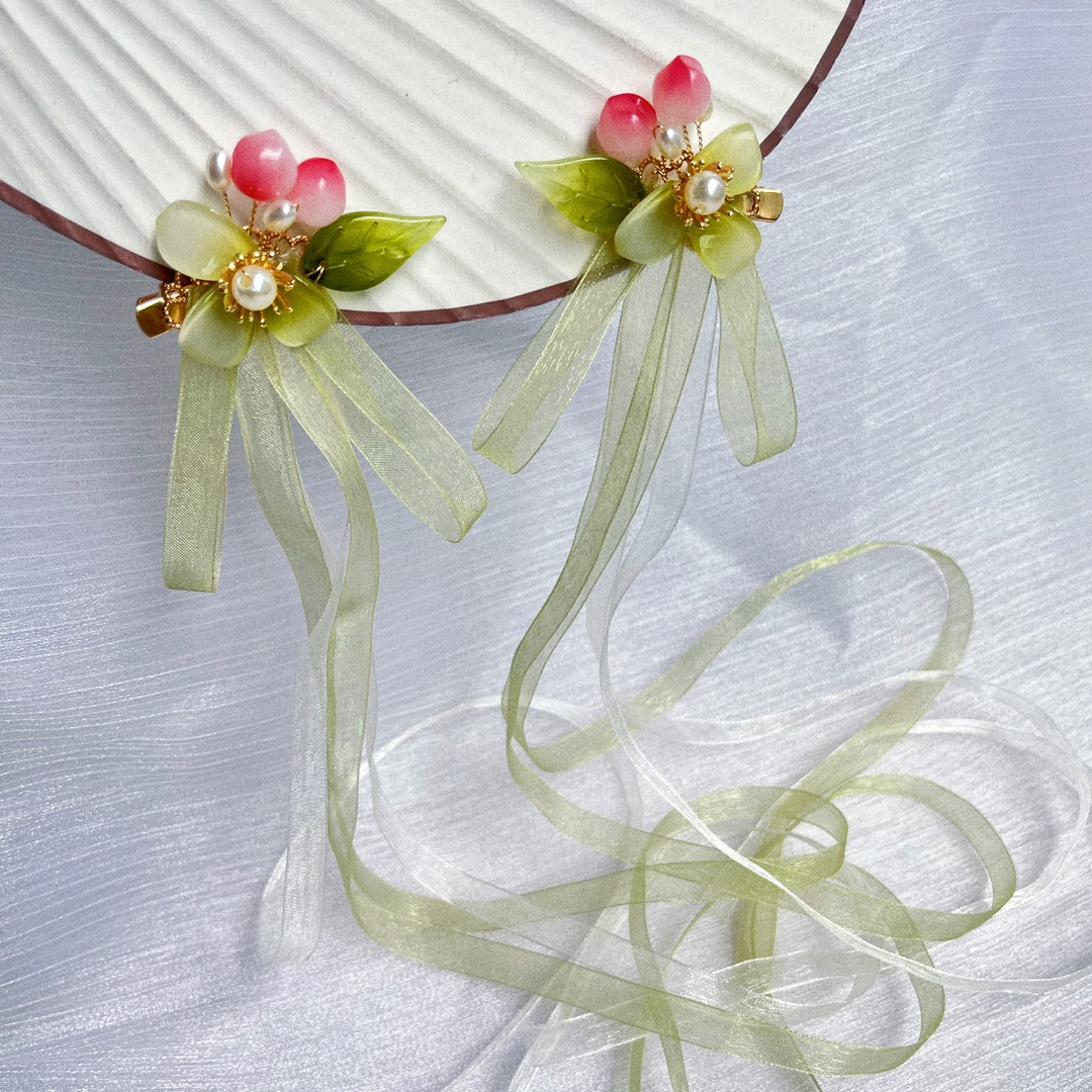 古风可爱儿童桃花流苏飘带对夹女童发夹古装汉服发饰公主丝带头饰