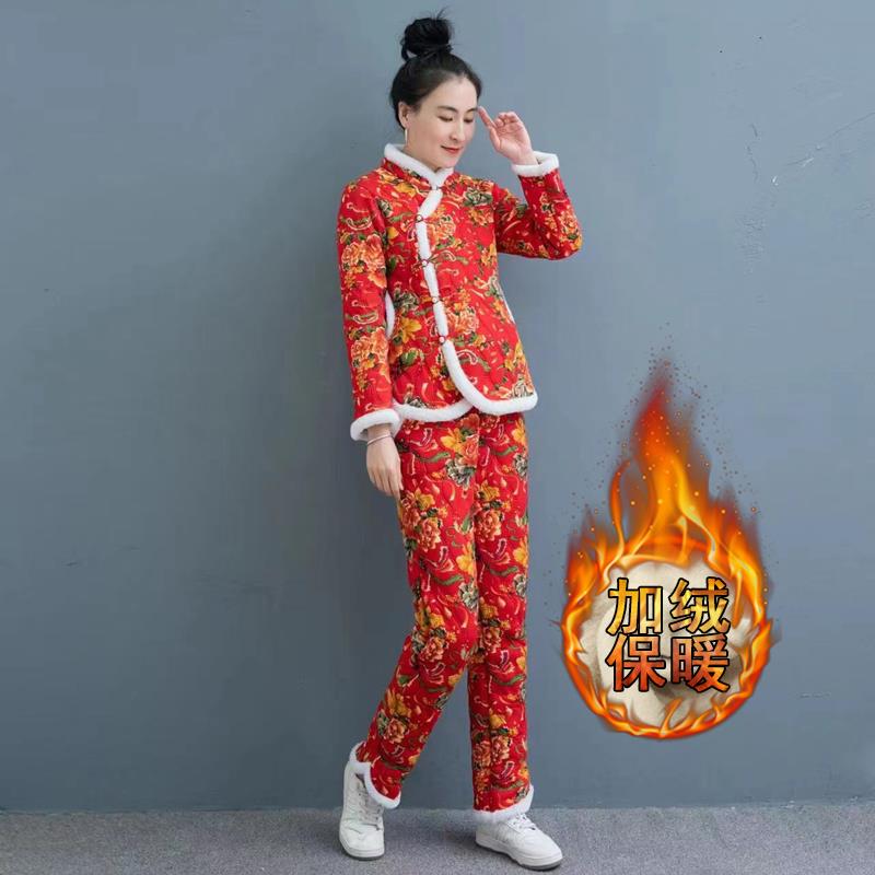 Northeast Big Flower 2023 New Women's Fleece-Lined Cotton-Padded Jacket Cotton-Padded Pants Two-Piece Suit Tang Suit Ethnic Style Mother Flower Cotton-Padded Coat