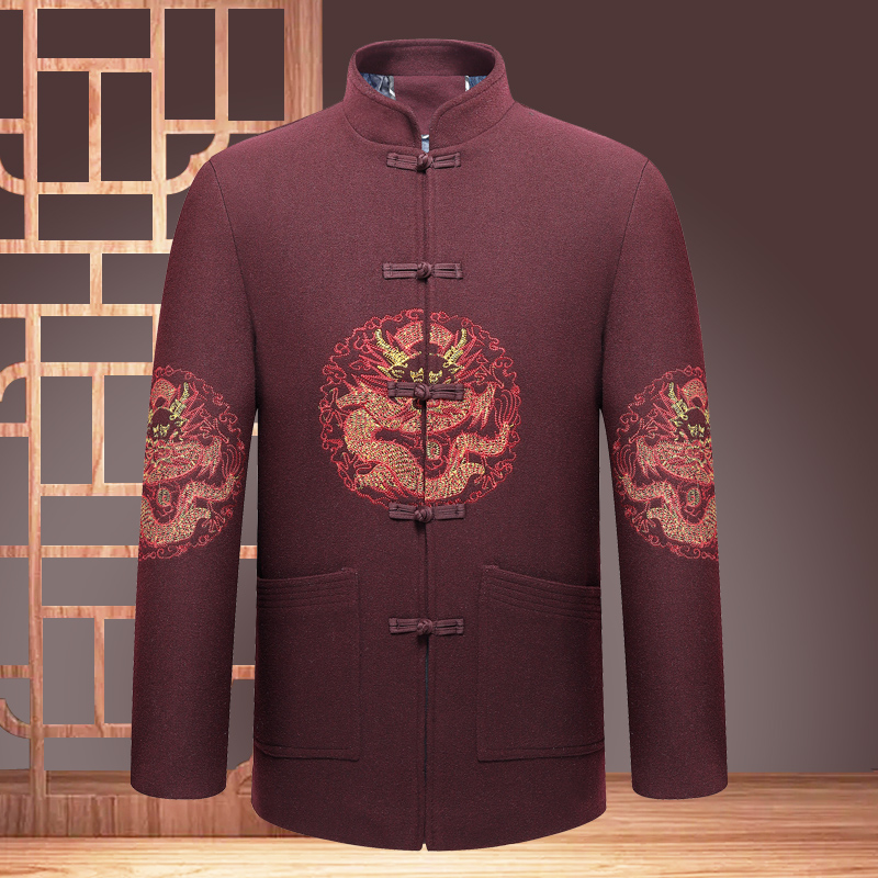 毛呢唐装男秋冬装中老年人爸爸中式生日爷爷装外套老人中国风礼服