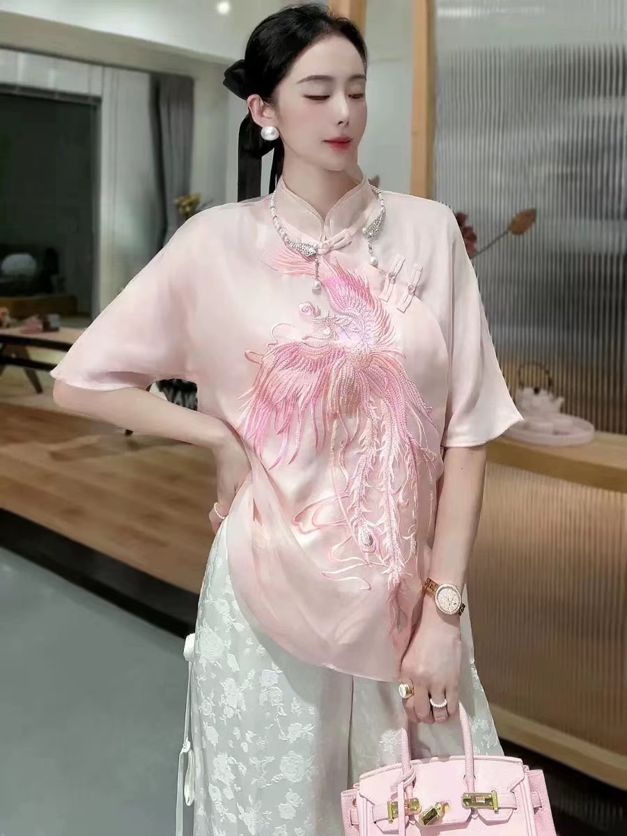 新中式女装凤凰刺绣欧根纱衬衫国风斜襟盘扣立领五分袖唐装上衣夏