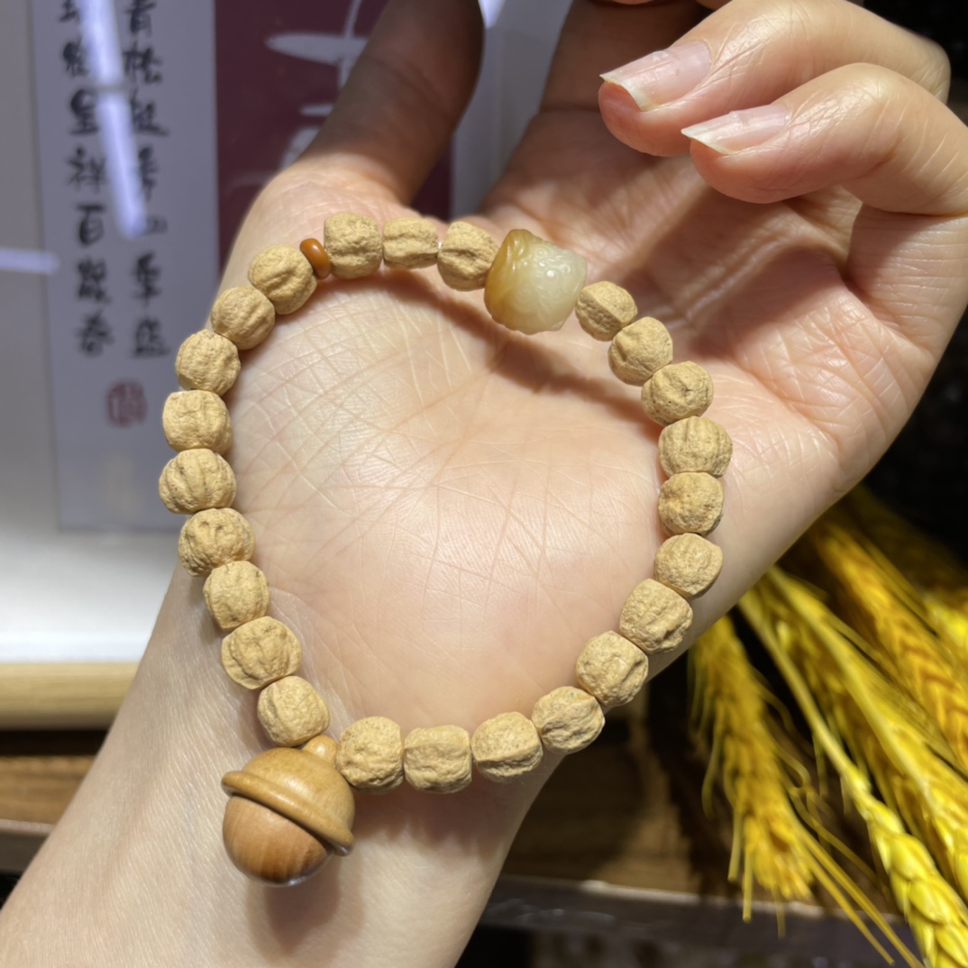 原创新款天然 百香籽单圈手链搭配菩提渐变醒狮 桃木铃铛 男女款