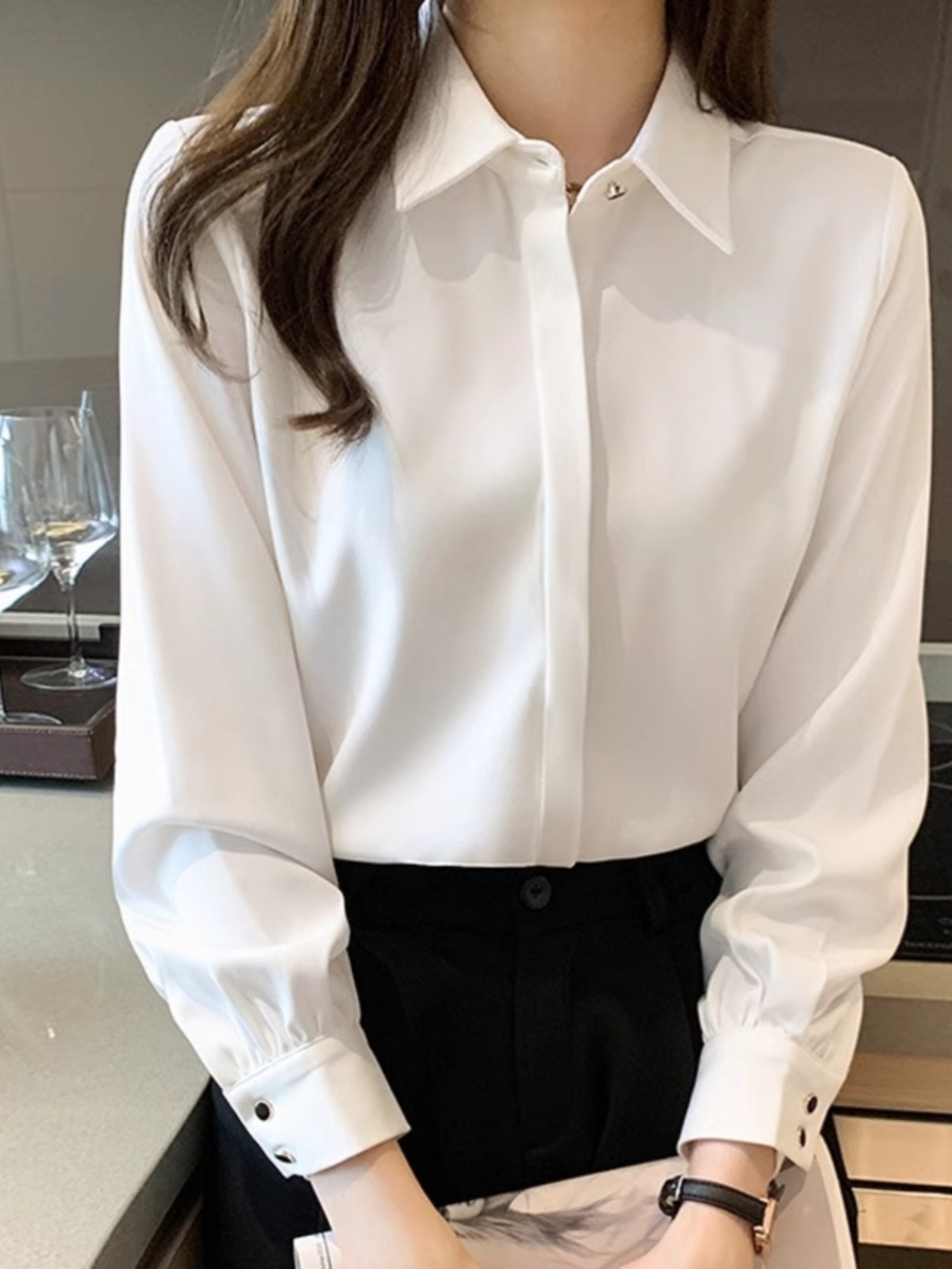 PROFESSIONAL COMMUTING WHITE SHIRT WOMENS SPRING FASHION DESIGN SENSE TEMPERAMENT TOP WORK CLOTHES HIGH-END SENSE SHIRT THIN