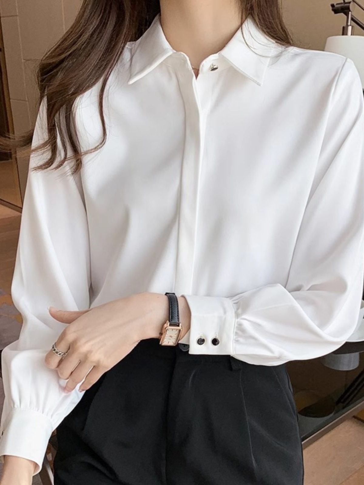 PROFESSIONAL COMMUTING WHITE SHIRT WOMENS SPRING FASHION DESIGN SENSE TEMPERAMENT TOP WORK CLOTHES HIGH-END SENSE SHIRT THIN