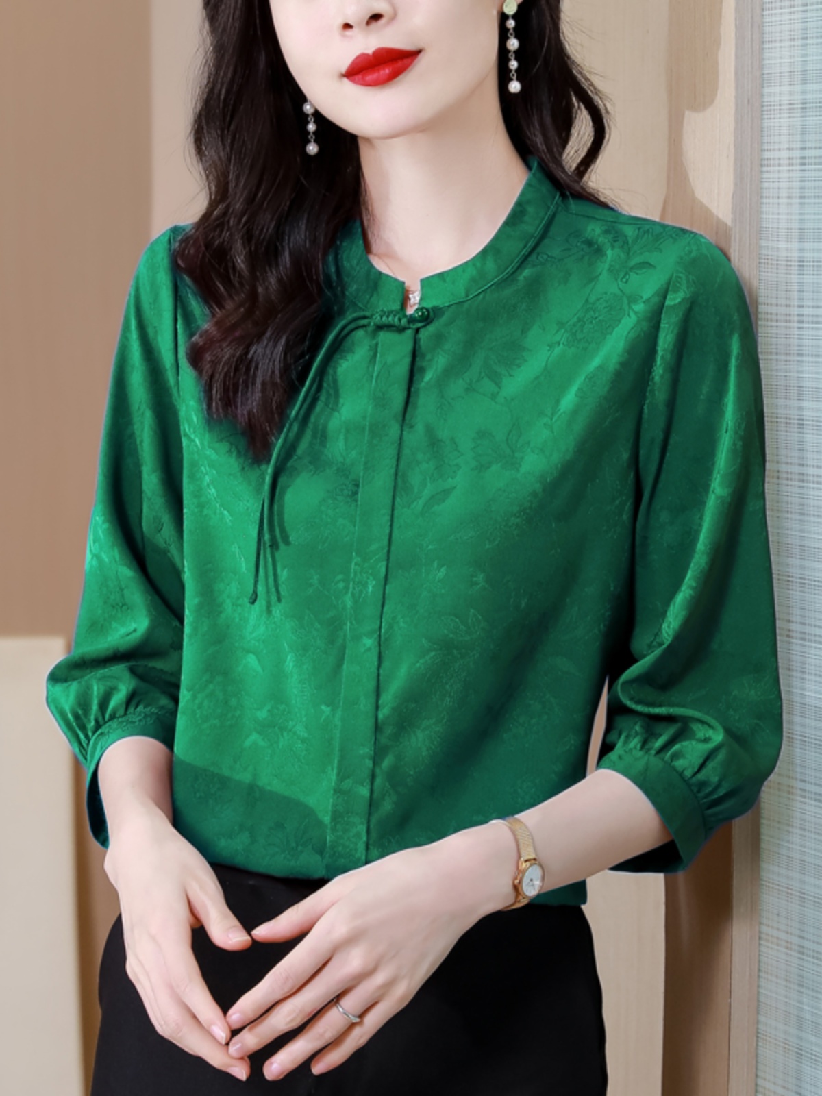 MOM SUMMER DRESS HEAVY SILK SHIRT WOMENS FASHION THREE-QUARTER SLEEVE MIDDLE-AGED AND ELDERLY NOBLE RED MULBERRY SILK TOP
