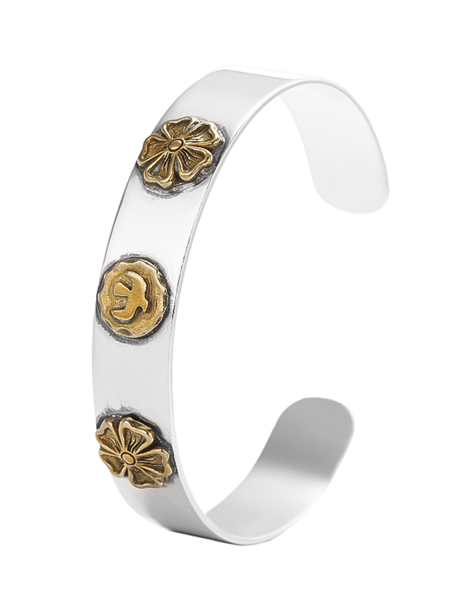 S GLOSSY FLAT DOTTED GOLD ROSE FLOWER BRACELET MENS HIP HOP TREND PERSONALITY FLYING BIRD PRINTING PLATFORM OPEN BRACELET
