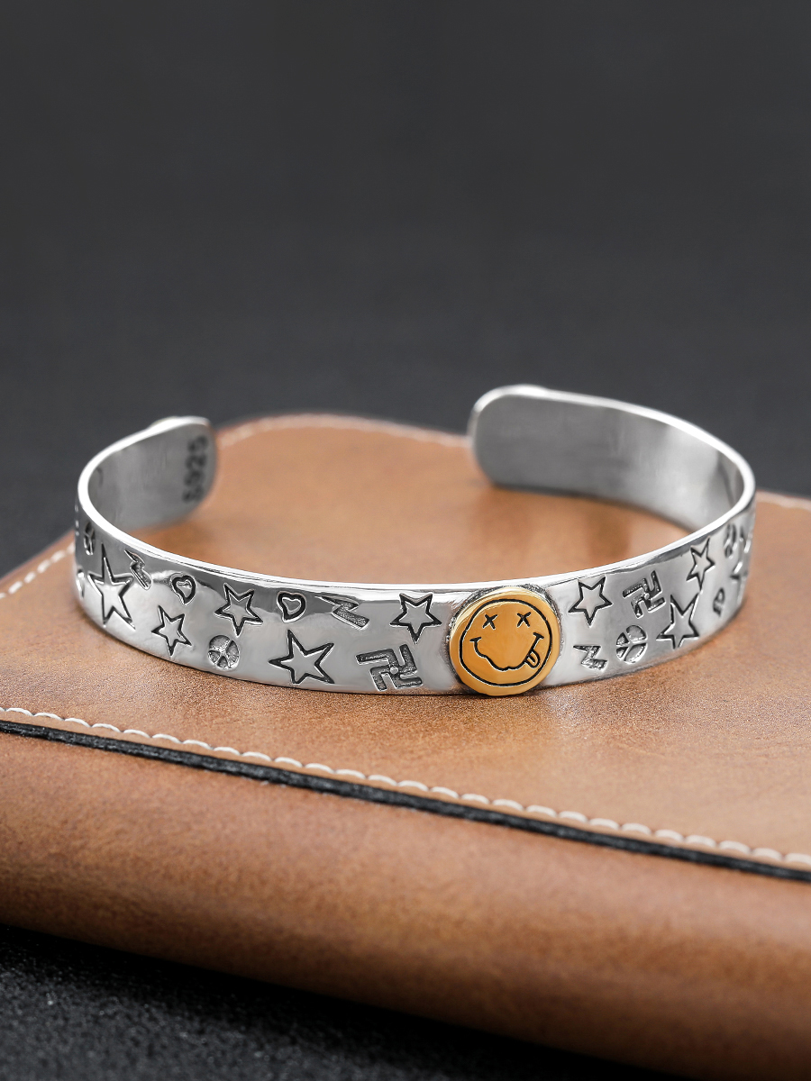 S STAR GRAFFITI BRACELET MENS AND WOMENS TRENDY PERSONALITY TWO-COLOR COUPLE FUNNY PLAYFUL SMILEY FACE OPENING BRACELET