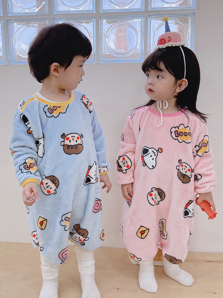 CHILDRENS FLANNEL AUTUMN AND WINTER PAJAMAS BABY CORAL FLEECE BOYS AND GIRLS ONE-PIECE LOUNGEWEAR BABY KICK PROOF SLEEPING BAG