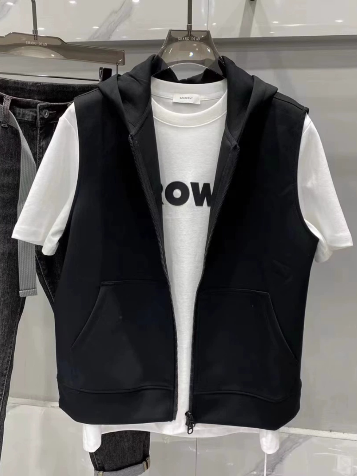 2023 AUTUMN NEW MENS SIMPLE AND VERSATILE SOLID COLOR SLEEVELESS HOODED VEST JACKET KOREAN VERSION LOOSE CASUAL TOP