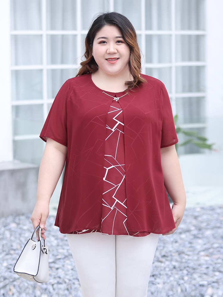 MOMS SUMMER DRESS FAKE TWO SHIRTS FEMALE FAT MM NEW T-SHIRT FAT PLUS SIZE LOOSE BELLY COVERING CHIFFON SHIRT 200 POUNDS