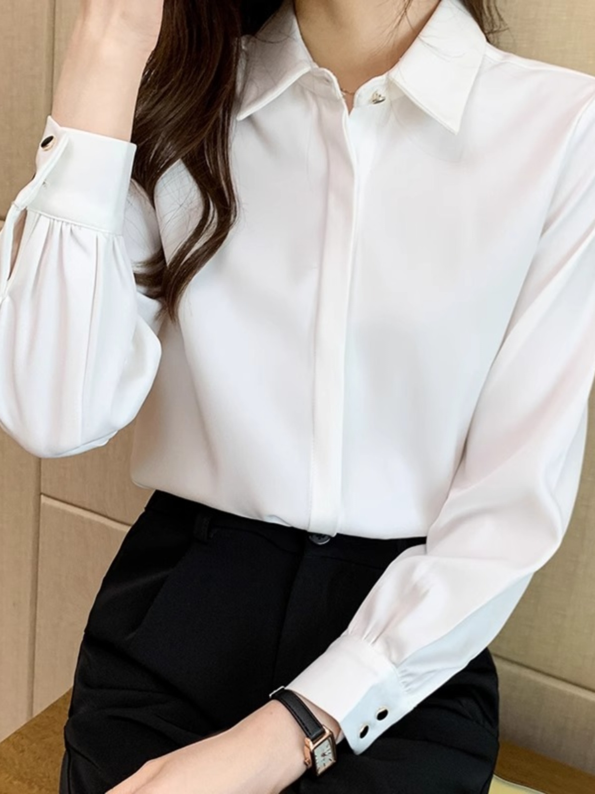 PROFESSIONAL COMMUTING WHITE SHIRT WOMENS SPRING FASHION DESIGN SENSE TEMPERAMENT TOP WORK CLOTHES HIGH-END SENSE SHIRT THIN