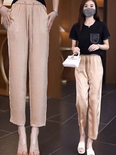 Ice silk small cropped pants for women 2025 summer thin high waist loose slim casual drooping harem pants
