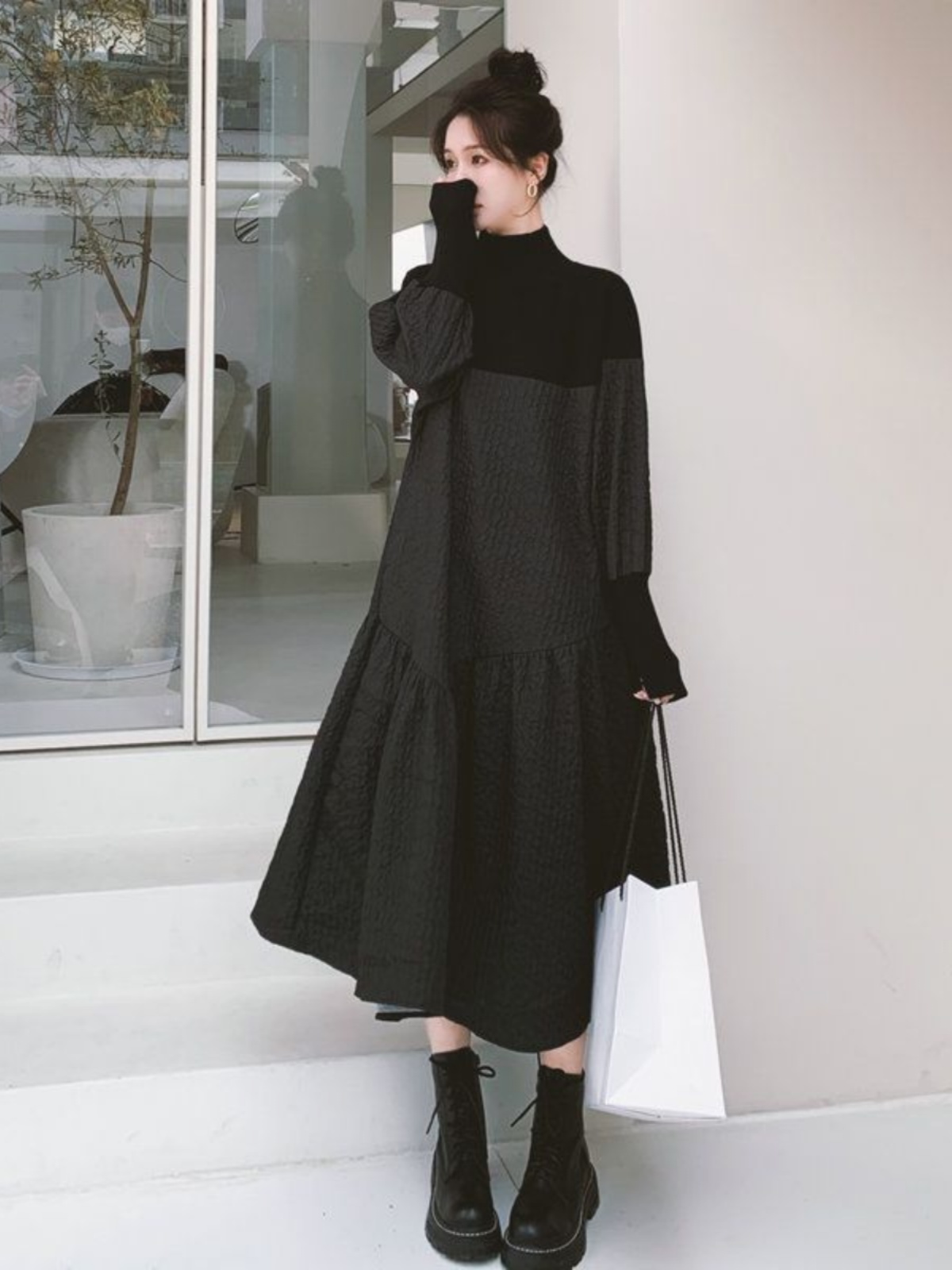 PREGNANT WOMENS EARLY SPRING KNITTED PATCHWORK JACQUARD DRESS LARGE SIZE LOOSE AND THIN COVERING THE BELLY HIGH-END AUTUMN AND WINTER SKIRTS