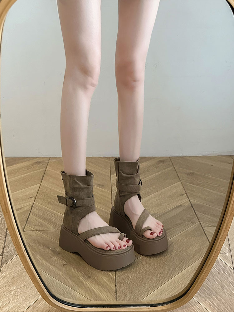 松糕厚底增高套趾凉鞋女2025新款夏季凉靴西部牛仔堆堆靴夹脚短靴