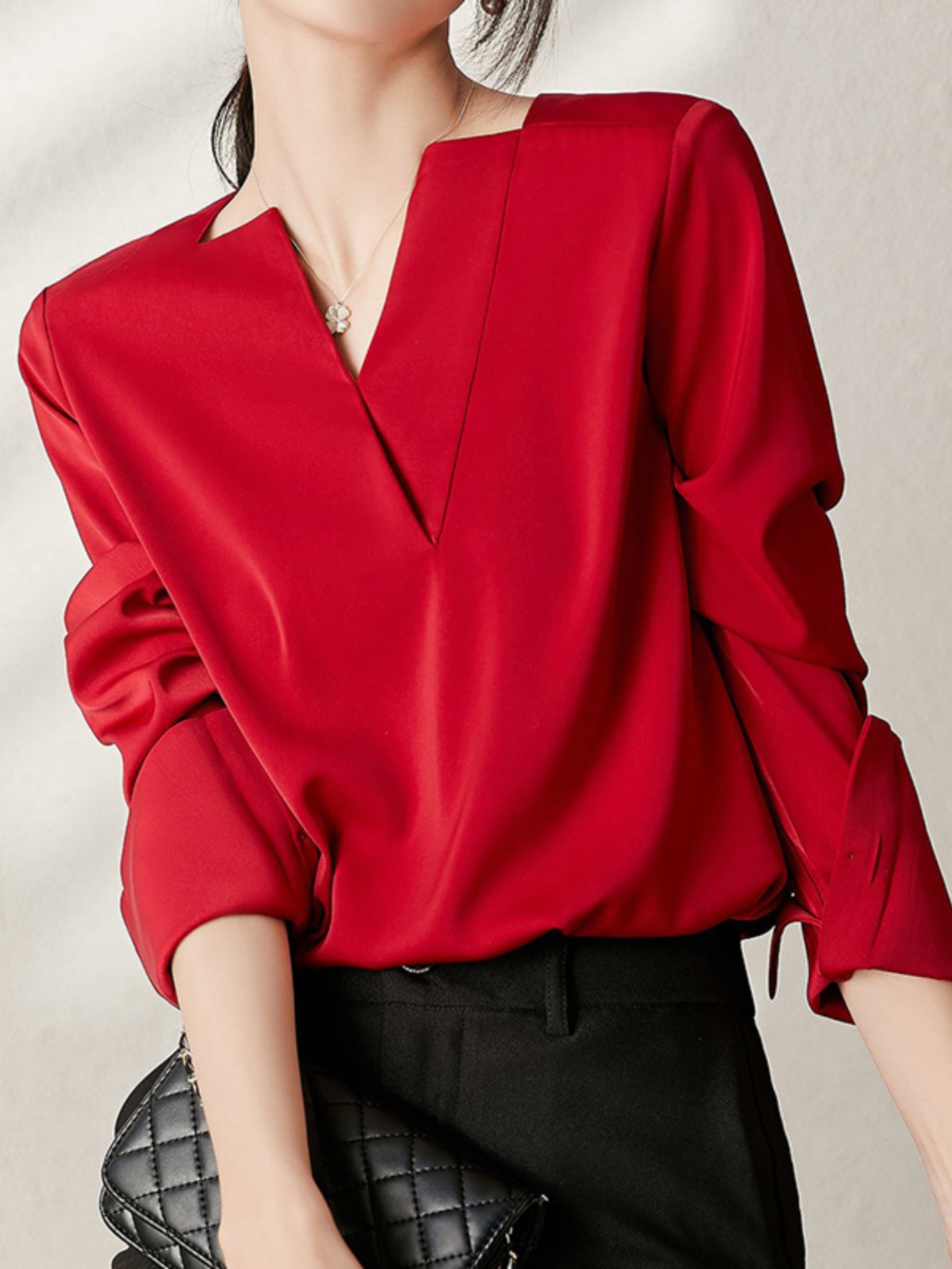 FRENCH DESIGN ELEGANT TEMPERAMENT NEW YEAR NATAL YEAR V-NECK DRAPE SILK LONG-SLEEVED SHIRT RED SHIRT WOMENS AUTUMN