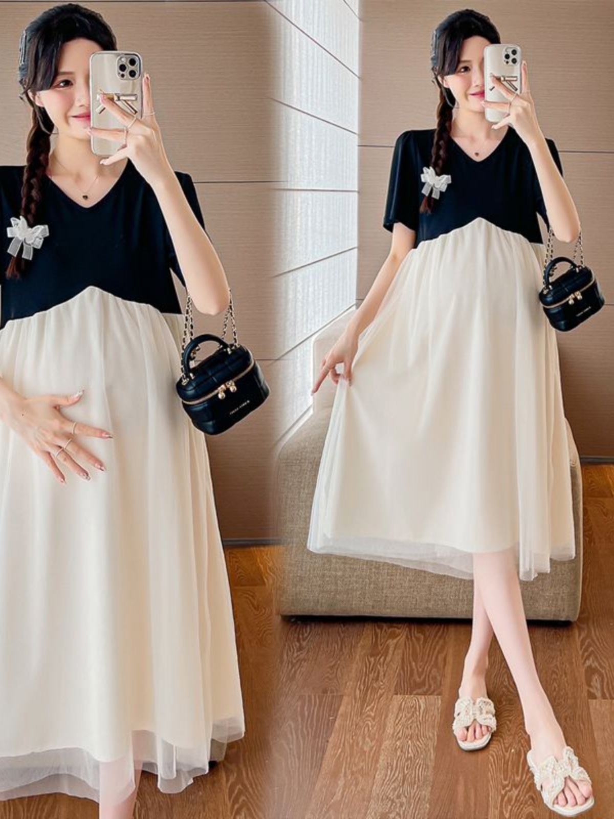 MATERNITY DRESSES SUMMER NEW MID-LENGTH V-NECK SHORT SLEEVES FASHIONABLE CASUAL PREGNANT MOM WEAR DRESS MATERNITY DRESS
