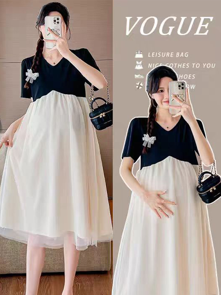 MATERNITY DRESSES SUMMER NEW MID-LENGTH V-NECK SHORT SLEEVES FASHIONABLE CASUAL PREGNANT MOM WEAR DRESS MATERNITY DRESS