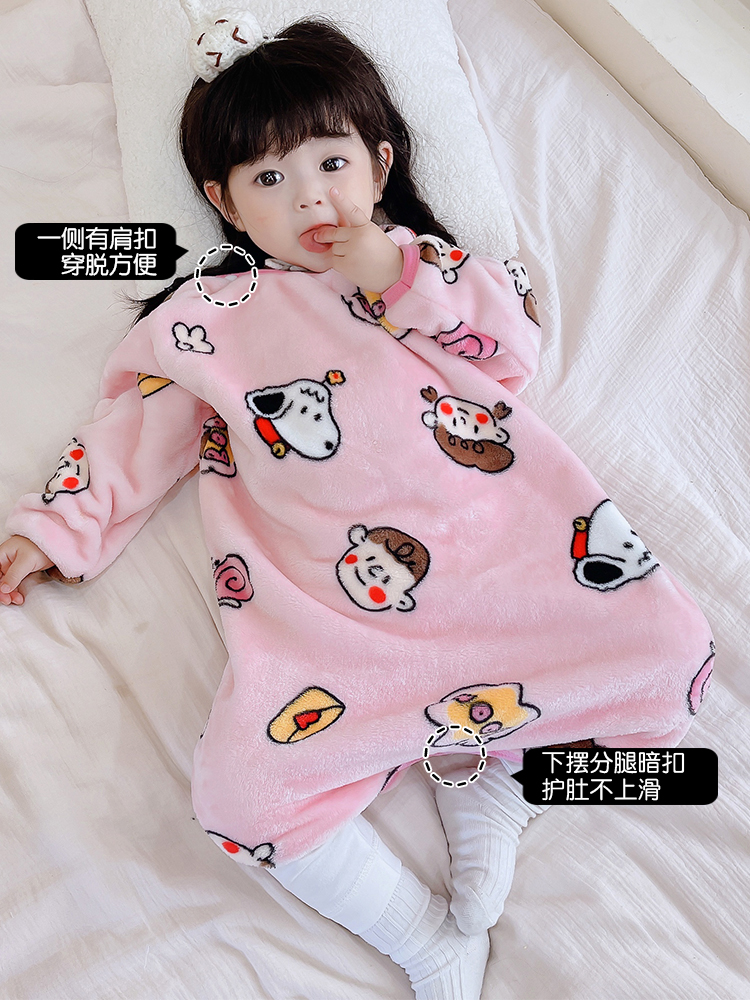 CHILDRENS FLANNEL AUTUMN AND WINTER PAJAMAS BABY CORAL FLEECE BOYS AND GIRLS ONE-PIECE LOUNGEWEAR BABY KICK PROOF SLEEPING BAG