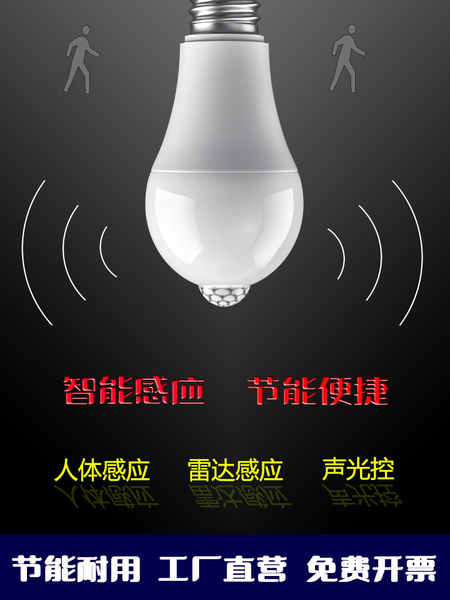 led灯泡E27螺口声光控雷达红外人体感应灯家用楼梯楼道过道声控灯