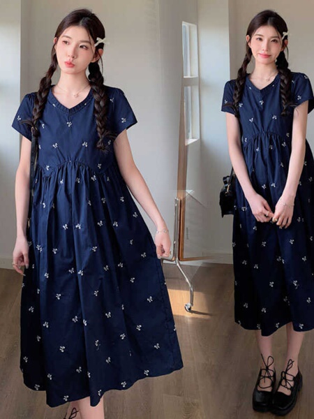孕妇装夏季宽松减龄刺绣连衣裙2026新款小个子高腰显瘦中长款裙子 — 5