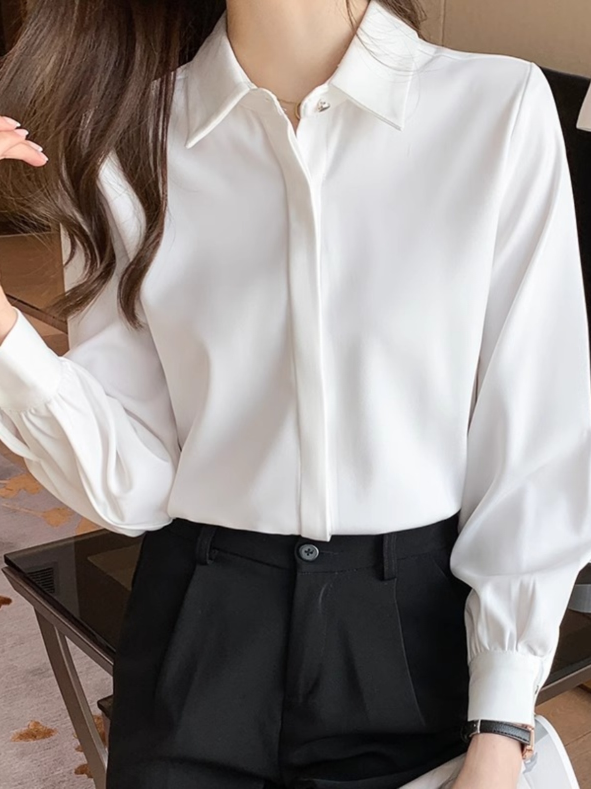 PROFESSIONAL COMMUTING WHITE SHIRT WOMENS SPRING FASHION DESIGN SENSE TEMPERAMENT TOP WORK CLOTHES HIGH-END SENSE SHIRT THIN