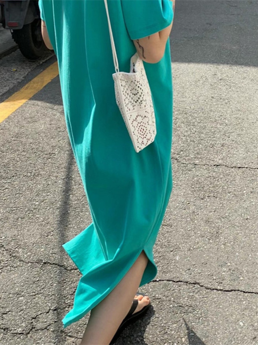 FOREIGN TRADE EXPORT WOMENS CLOTHING CUT TAIL GOODS SOUTH KOREA SOLID COLOR LONG OVER-THE-KNEE SLIT LAZY SHORT SLEEVE T-SHIRT DRESS WOMEN