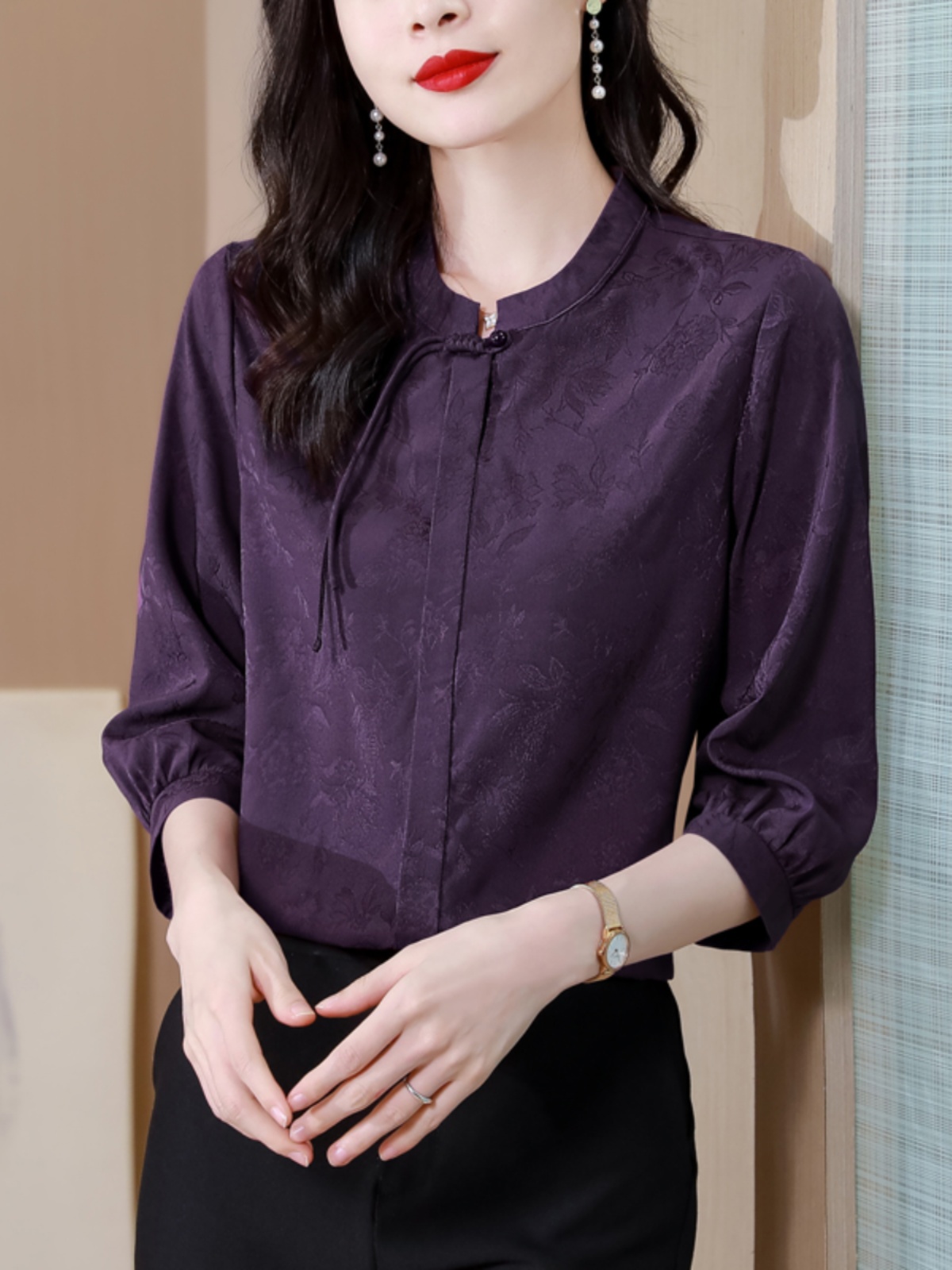 MOM SUMMER DRESS HEAVY SILK SHIRT WOMENS FASHION THREE-QUARTER SLEEVE MIDDLE-AGED AND ELDERLY NOBLE RED MULBERRY SILK TOP