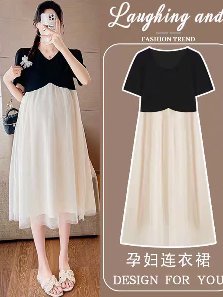 MATERNITY DRESSES SUMMER NEW MID-LENGTH V-NECK SHORT SLEEVES FASHIONABLE CASUAL PREGNANT MOM WEAR DRESS MATERNITY DRESS