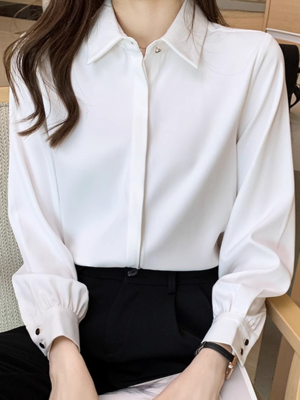 PROFESSIONAL COMMUTING WHITE SHIRT WOMENS SPRING FASHION DESIGN SENSE TEMPERAMENT TOP WORK CLOTHES HIGH-END SENSE SHIRT THIN