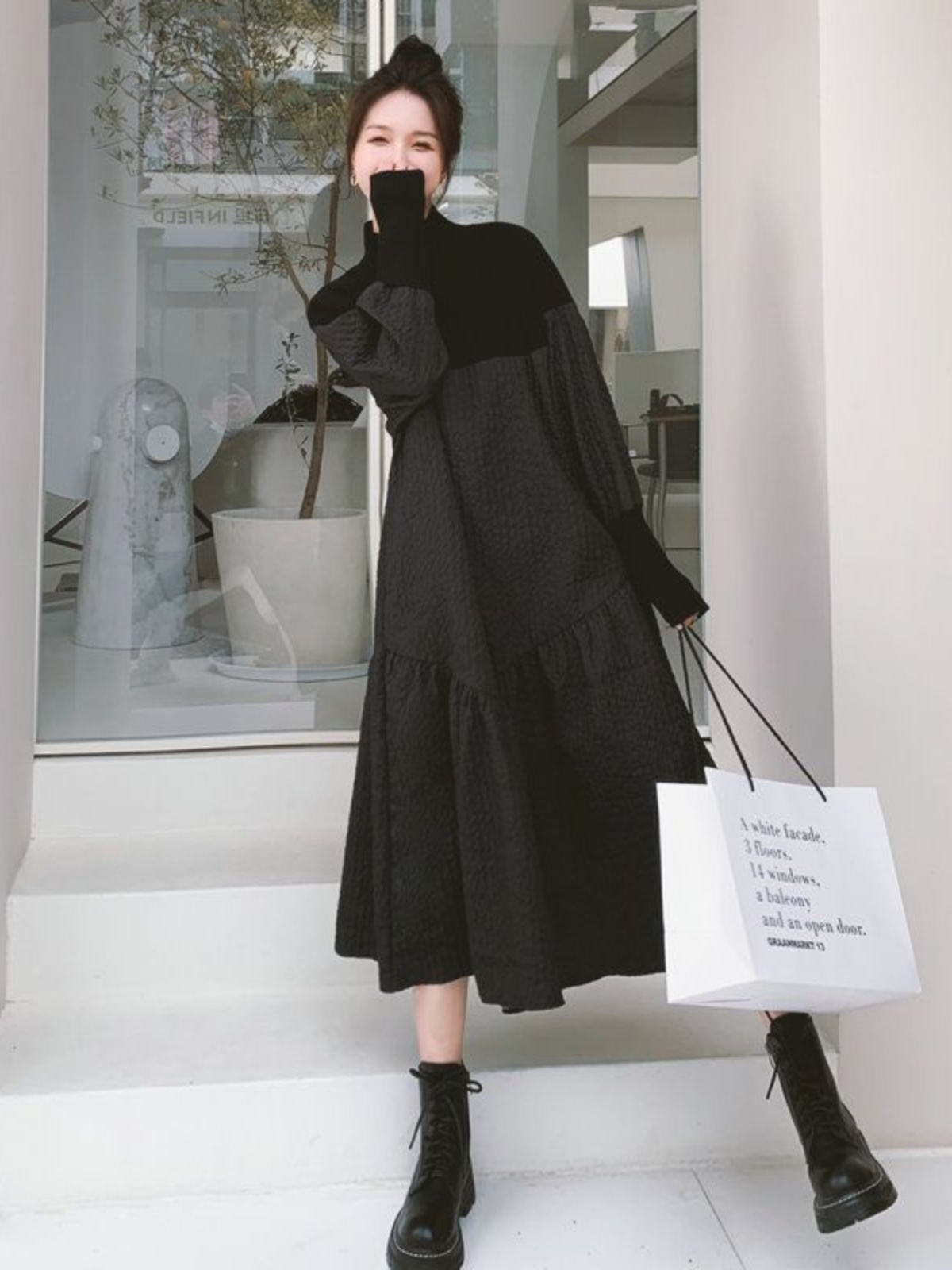 PREGNANT WOMENS EARLY SPRING KNITTED PATCHWORK JACQUARD DRESS LARGE SIZE LOOSE AND THIN COVERING THE BELLY HIGH-END AUTUMN AND WINTER SKIRTS