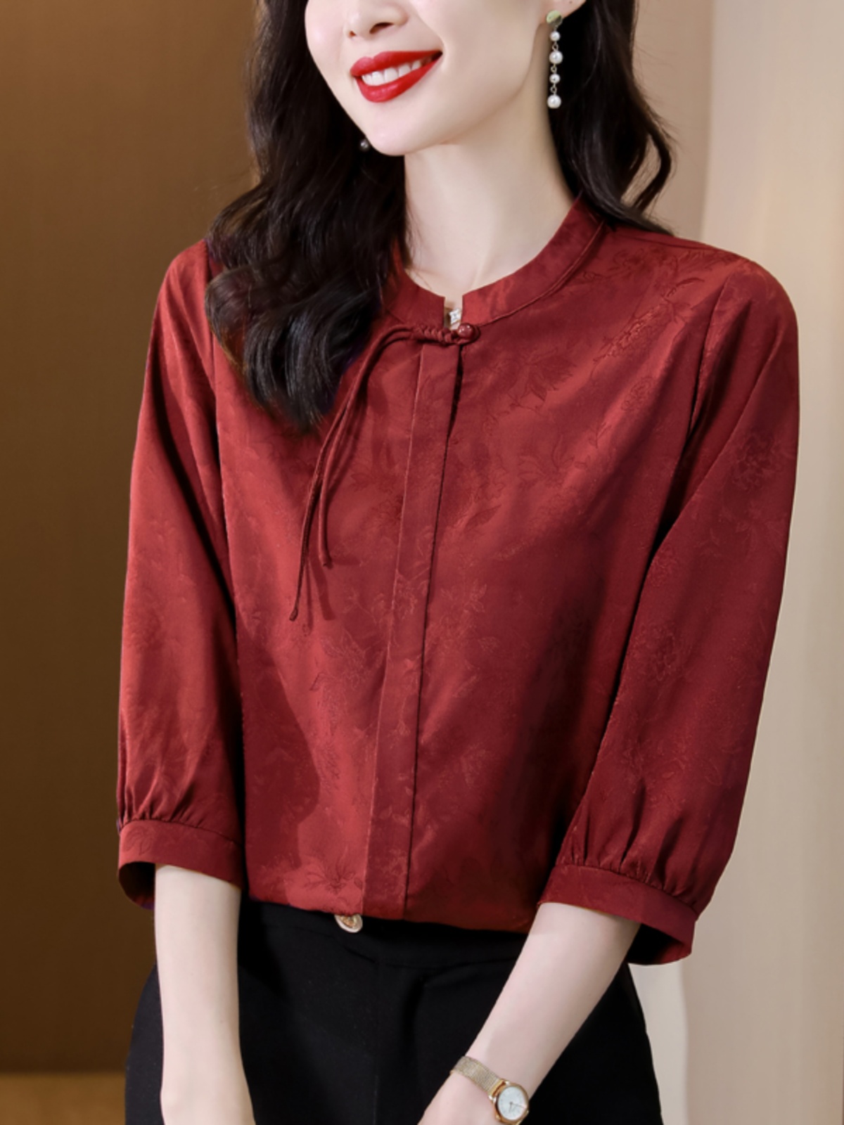 MOM SUMMER DRESS HEAVY SILK SHIRT WOMENS FASHION THREE-QUARTER SLEEVE MIDDLE-AGED AND ELDERLY NOBLE RED MULBERRY SILK TOP