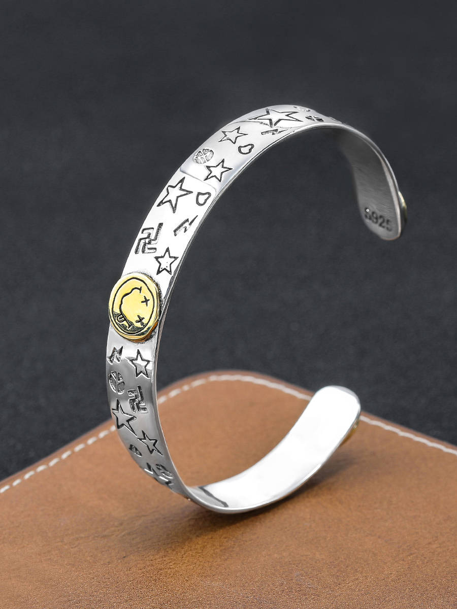 S  STAR GRAFFITI BRACELET MENS AND WOMENS TRENDY PERSONALITY TWO-COLOR COUPLE FUNNY PLAYFUL SMILEY FACE OPENING BRACELET