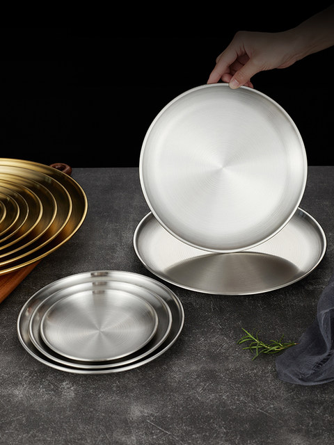 Korean stainless steel gold disc thickened tray fruit tray cake tray commercial bone plate barbecue tray shallow plate