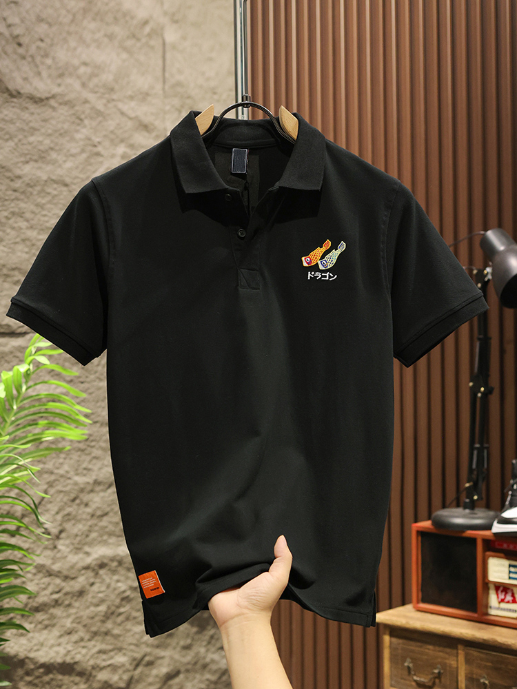 2024 SUMMER JAPANESE KOI EMBROIDERY SHORT SLEEVE POLO SHIRT T-SHIRT MENS COTTON LOOSE PIQUE COTTON TREND TOP