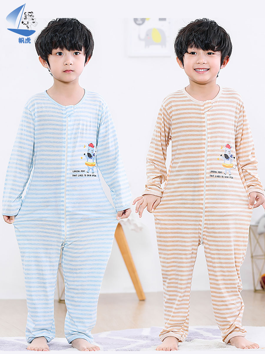 BOYS ONE-PIECE PAJAMAS CHILDRENS SUMMER THIN SECTION 3 BIG CHILDREN ANTI-KICK 5 CARTOON 7-YEAR-OLD BABY COTTON LONG-SLEEVED AIR-CONDITIONING CLOTHING 9