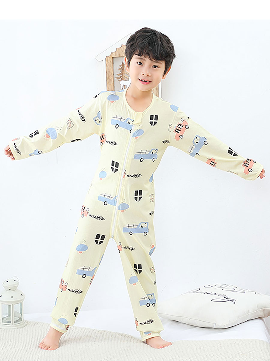 BOYS ONE-PIECE PAJAMAS CHILDRENS SUMMER THIN SECTION 3 BIG CHILDREN ANTI-KICK 5 CARTOON 7-YEAR-OLD BABY COTTON LONG-SLEEVED AIR-CONDITIONING CLOTHING 9