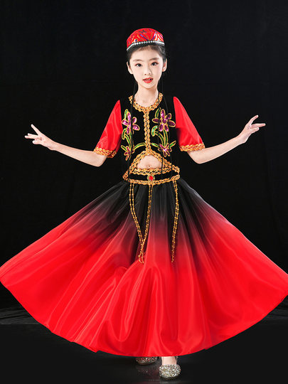 少数民族服装新疆大摆裙维族服装女童舞蹈裙儿童演出服维吾尔族服