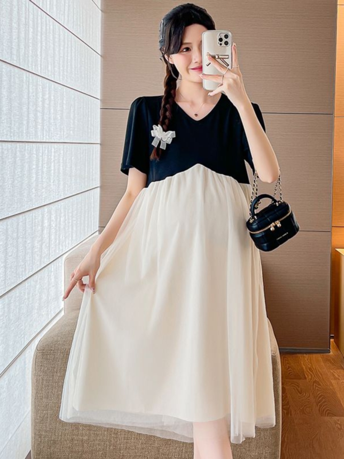 MATERNITY DRESSES SUMMER NEW MID-LENGTH V-NECK SHORT SLEEVES FASHIONABLE CASUAL PREGNANT MOM WEAR DRESS MATERNITY DRESS